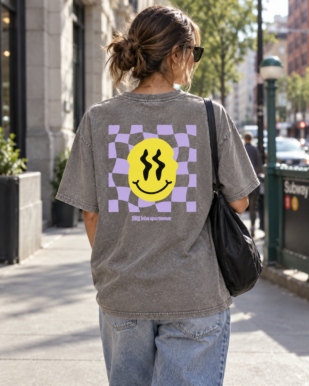 LOBO Smiley Check Oversized Tee – Vintage Grey