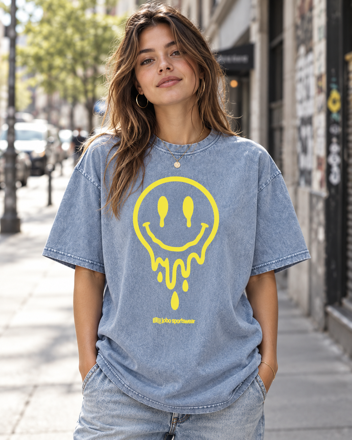 LOBO Drip Smiley Oversized Tee – Vintage Blue